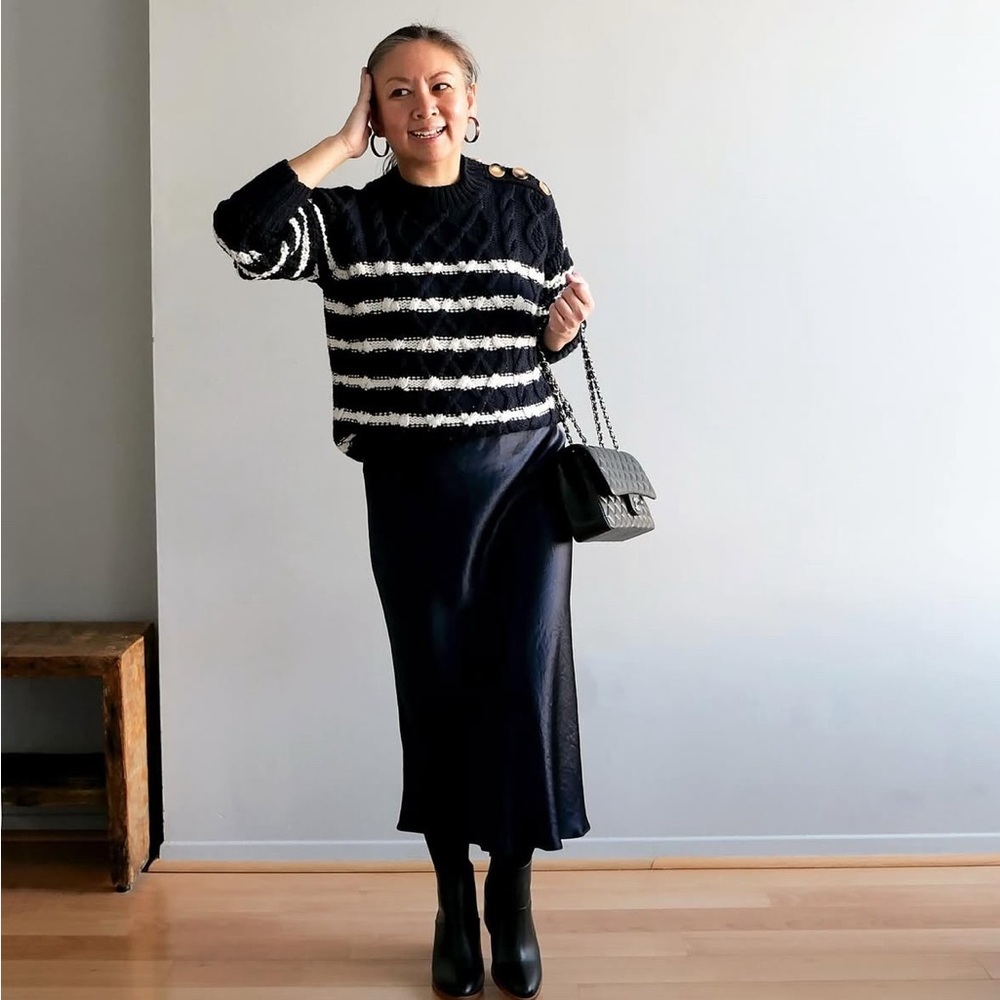 CLOSET SALE! Aritzia Babaton Satin Midi Slip Skirt in Dark Navy, Size 8